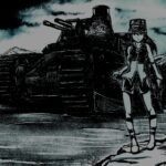 A solitary anime-style character stands before a hulking armored tank in a gritty, monochrome world.