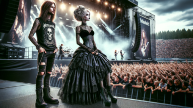 Two stylish individuals in gothic attire standing on the side of a music festival stage, with a crowd cheering and a performer in the background.