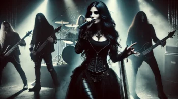 Gothic female vocalist with long dark hair performing on a dimly lit stage, surrounded by shadowy band members in a haunting, atmospheric setting, inspired by the symphonic metal band Beyond the Black.