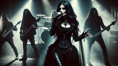 Gothic female vocalist with long dark hair performing on a dimly lit stage, surrounded by shadowy band members in a haunting, atmospheric setting, inspired by the symphonic metal band Beyond the Black.