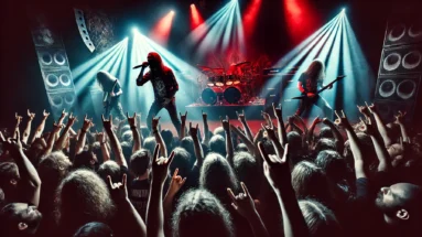 Intense metal concert scene with a band performing under red and blue lights, surrounded by headbanging fans and smoke-filled atmosphere.