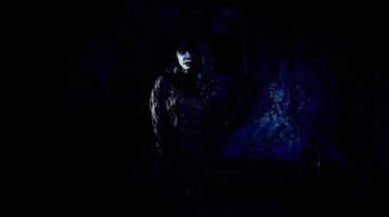 Woman with dark makeup in a gothic outfit, posed in a shadowy forest, highlighting an eerie yet elegant vibe.