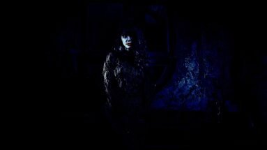 Woman with dark makeup in a gothic outfit, posed in a shadowy forest, highlighting an eerie yet elegant vibe.