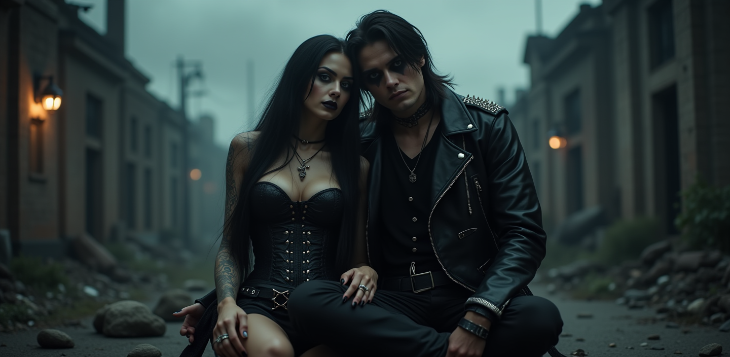 Gothic couple sitting together in a desolate street, exuding gothic elegance against a ruined cityscape.