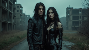 A gothic couple, standing in a misty, abandoned urban setting with dark, dramatic attire.