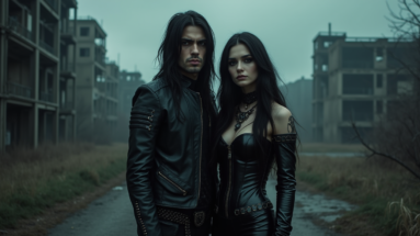 A gothic couple, standing in a misty, abandoned urban setting with dark, dramatic attire.