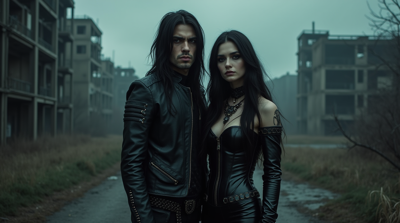 A gothic couple, standing in a misty, abandoned urban setting with dark, dramatic attire.