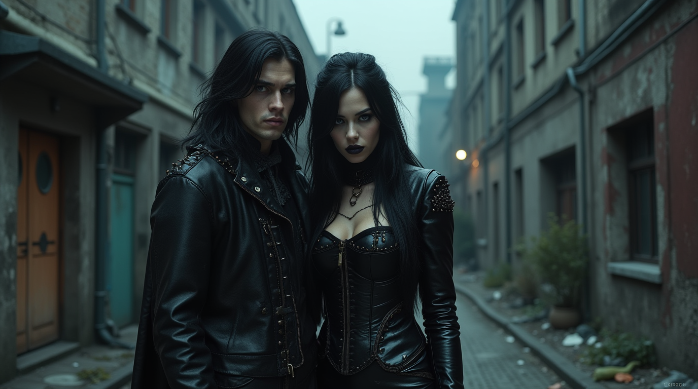 A couple dressed in gothic fashion, standing in a moody alley with decayed buildings in the background.