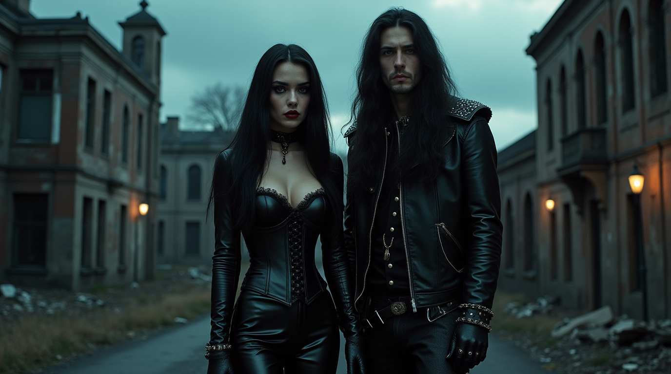 Gothic duo posing amidst a haunting, dimly lit urban landscape with a stormy ambiance.