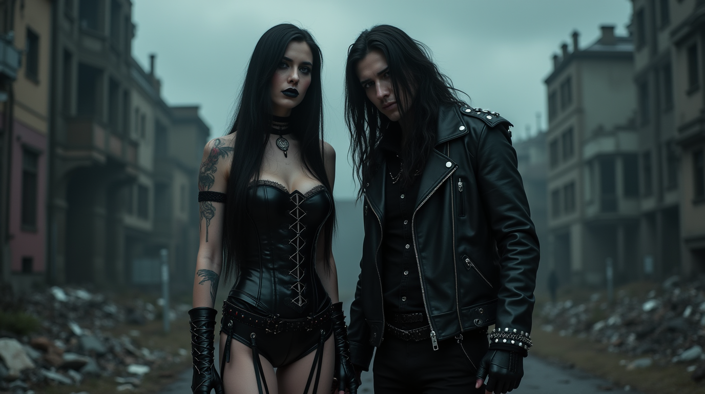 A gothic woman in a black corset and high boots with a metalhead in a leather jacket, both posing in a dystopian urban street.