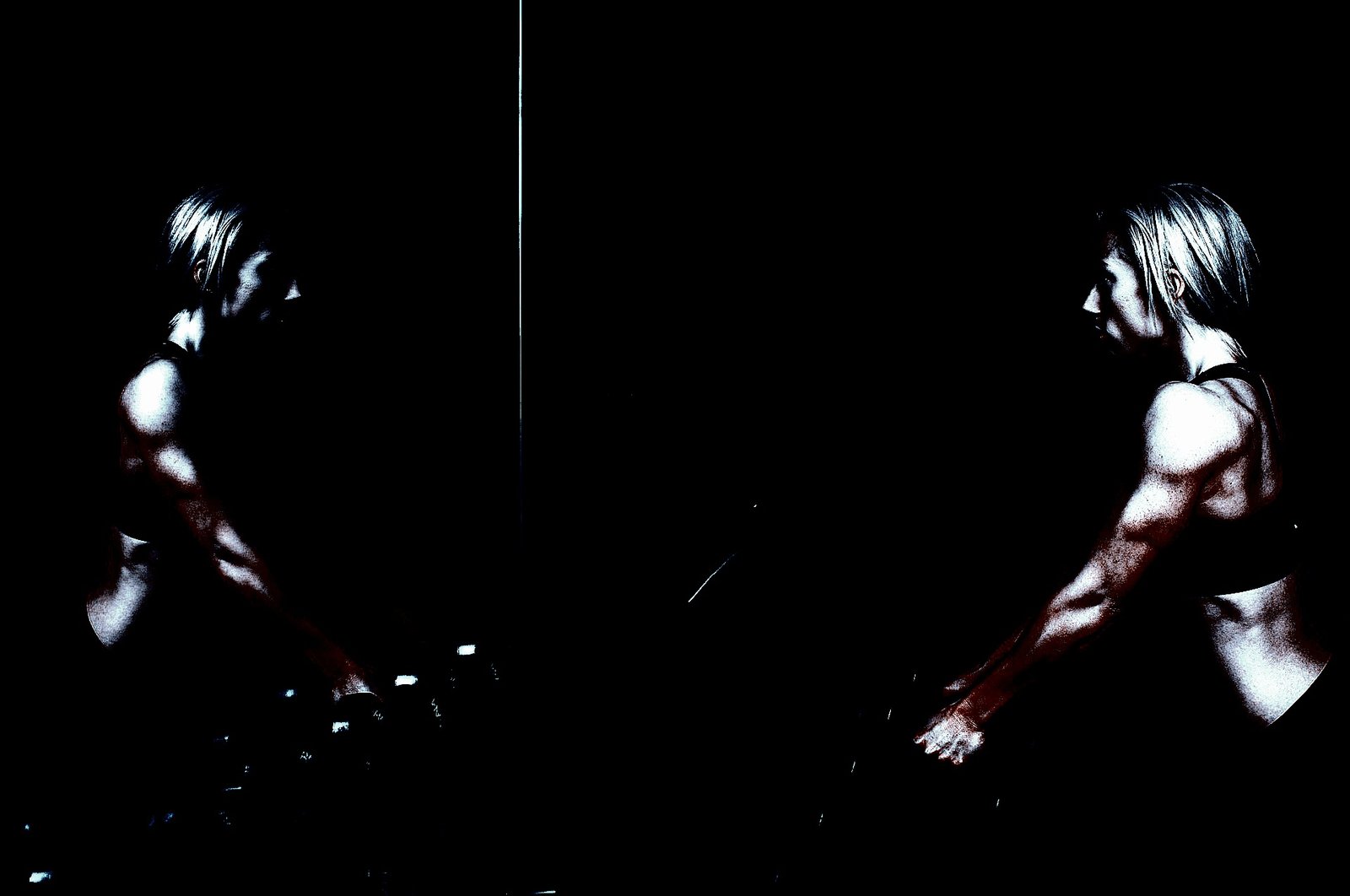 A muscular woman lifting weights, her strong arms illuminated by focused light, reflecting in a dimly lit gym mirror.