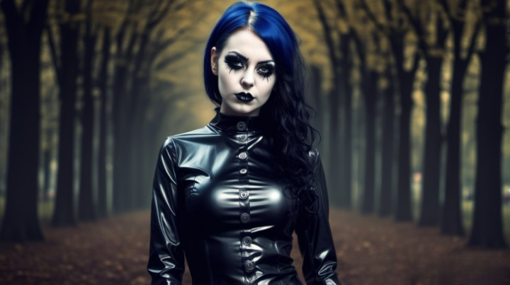 A gothic figure poses in a forest setting, dressed in a shiny black latex suit with dark makeup, evoking the dramatic and dark aesthetic celebrated at Graspop Metal Meeting 2005.