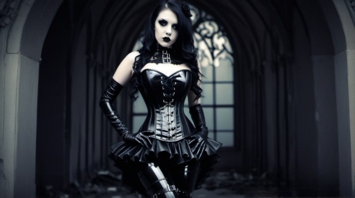 A solitary woman at Graspop Metal Meeting 2010, draped in a gothic corset and ruffled skirt, poses within the gothic architecture, enhancing the dark festival fantasy.