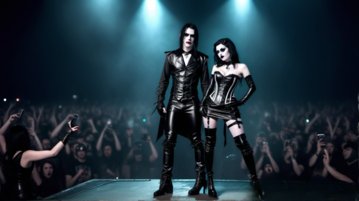 Performers commanding the stage at Graspop Metal Meeting 2007, with the man in a sleek black leather suit and the woman in a corset and thigh-high boots, surrounded by an energized crowd.