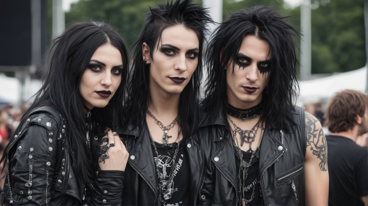 A trio of friends at Graspop Metal Meeting 2009, embodying the goth spirit with their black leather, chains, and striking makeup, standing confidently in the festival ambiance.