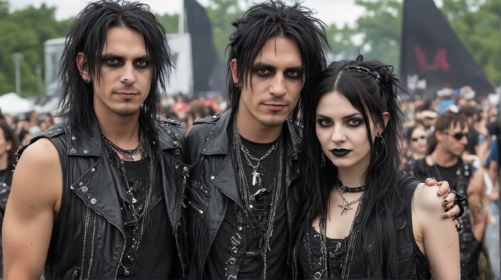 Two gothic men and a woman, all adorned in black with silver accents, stand united at Dynamo Metal Fest 1993, displaying their metal solidarity with intense gazes.
