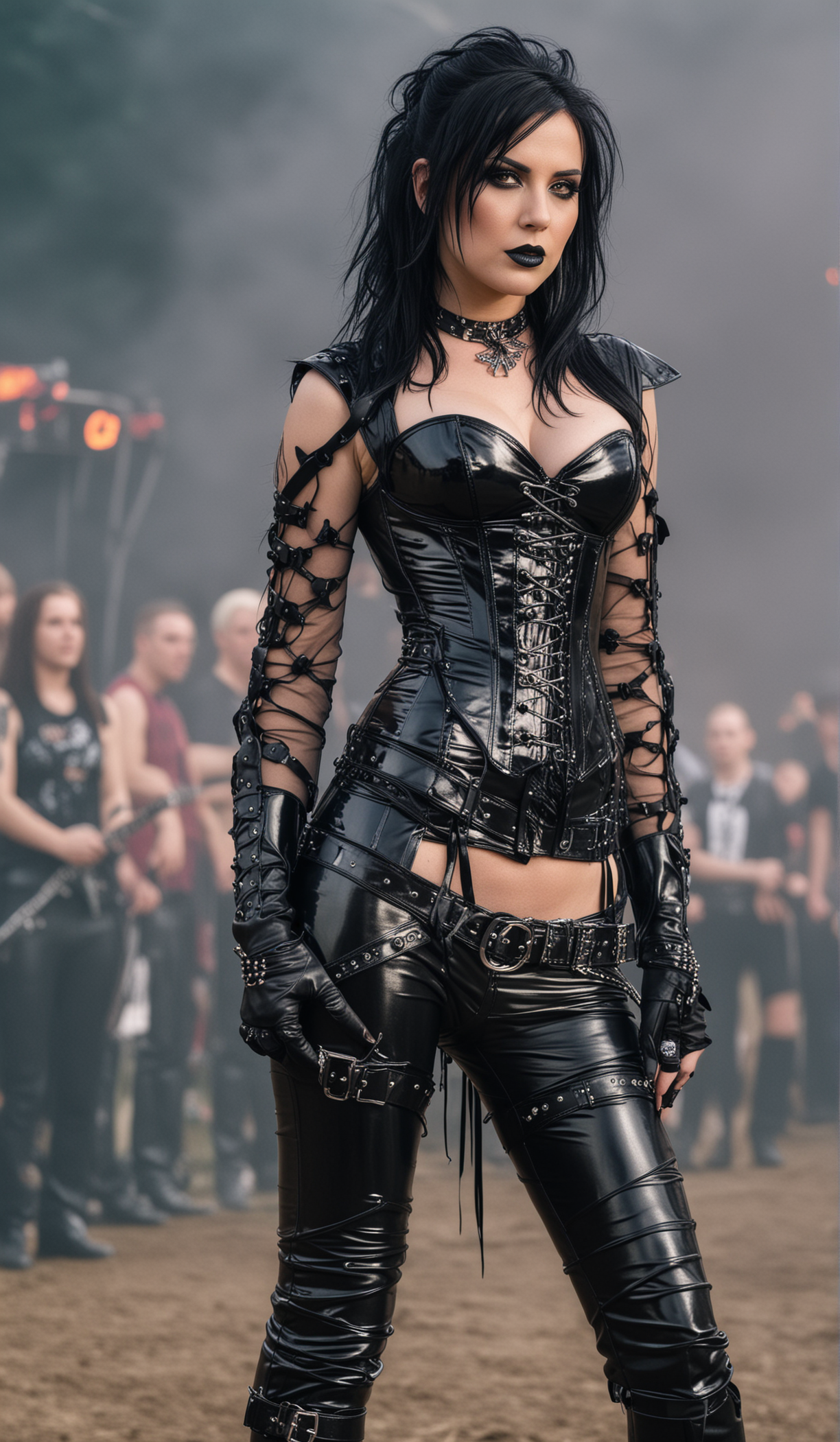 A striking gothic woman at Hellfest 2012, dressed in a detailed black corset and leather attire, exuding confidence against a smoky concert backdrop.