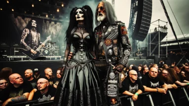 A dramatic couple, blending gothic and biker aesthetics, stand before the charged crowd at Dynamo Metal Fest 1991, symbolizing the deep roots and eclectic nature of metal culture.