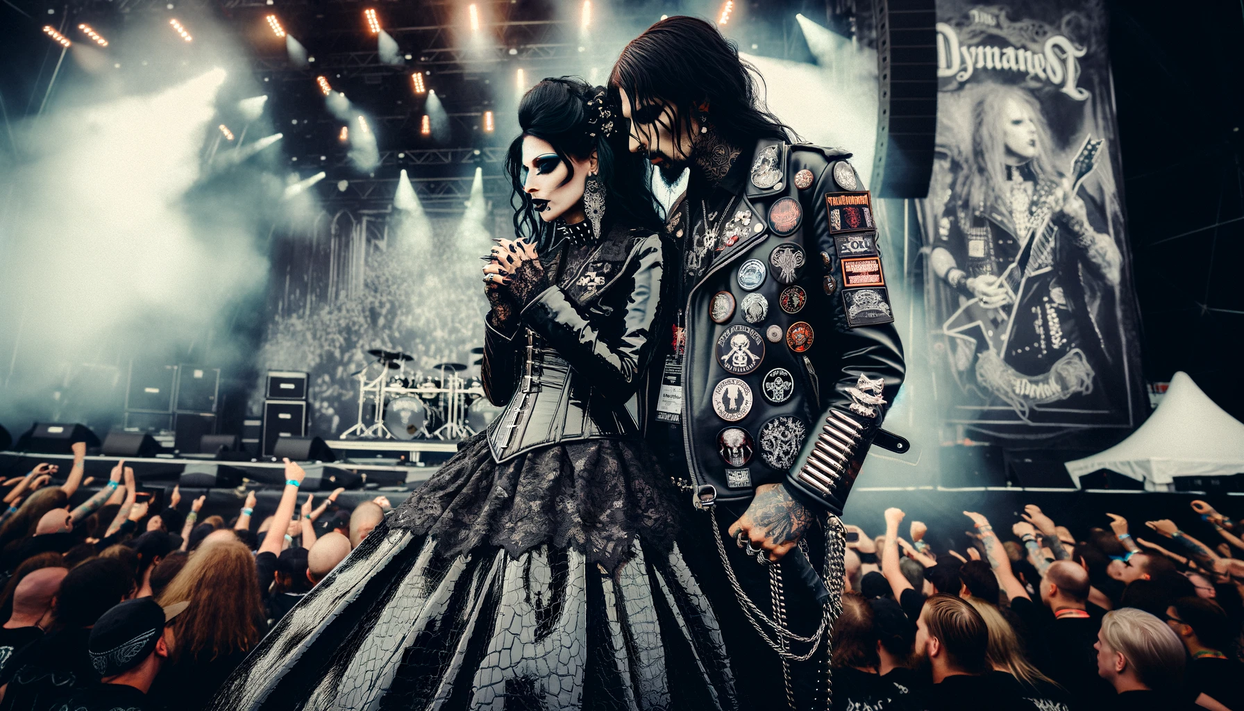 At Dynamo Metal Fest 1995, a gothic couple stands amidst a sea of metalheads, their elaborate and dark attire contrasting with the festival's electrifying energy.