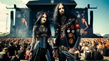 A gothic couple at Hellfest 2006, the woman in elegant black attire and the man in a vest covered in band patches, with the festival stage in the backdrop.