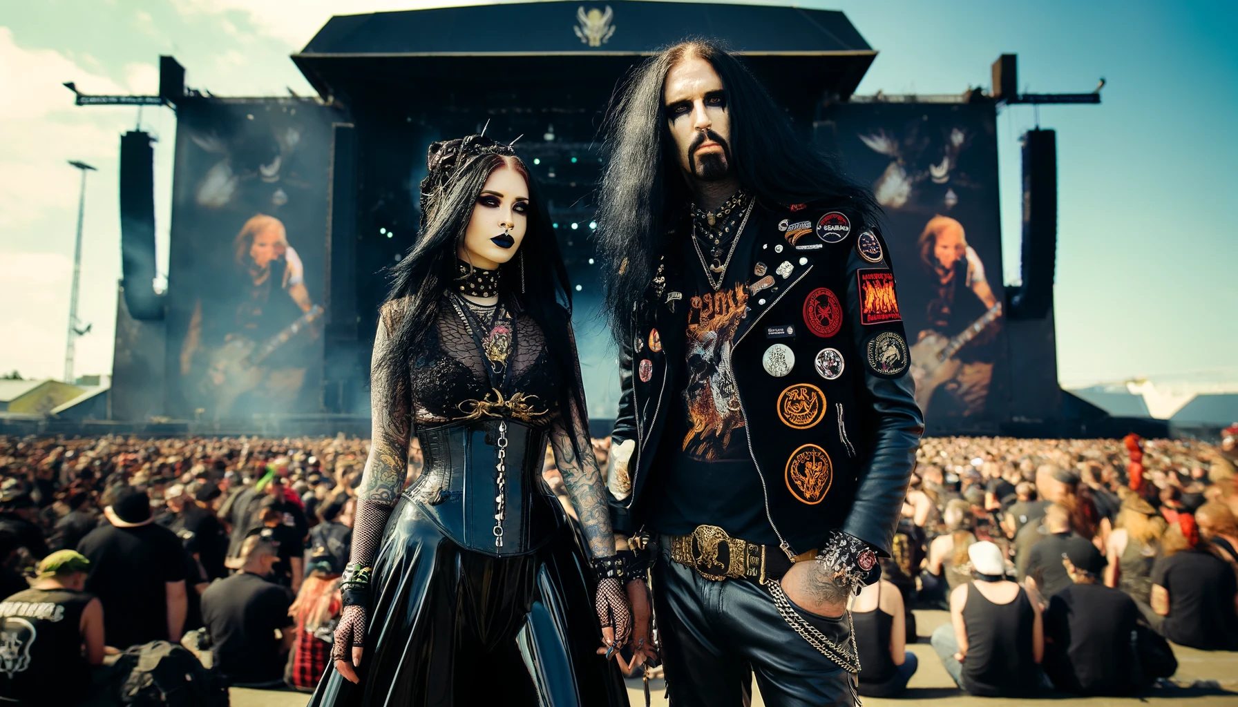 A gothic couple at Hellfest 2006, the woman in elegant black attire and the man in a vest covered in band patches, with the festival stage in the backdrop.