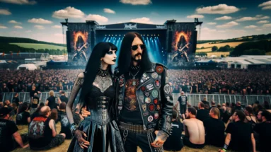 A couple at Hellfest 2011 exemplifying the goth and metalhead subculture with their ornate dark outfits, posing before a massive concert stage.