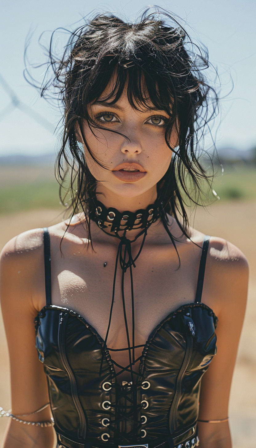 A portrait of a gothic woman at Hellfest 2013 with a natural backdrop, featuring a laced-up corset and a choker, her gaze intense and direct.