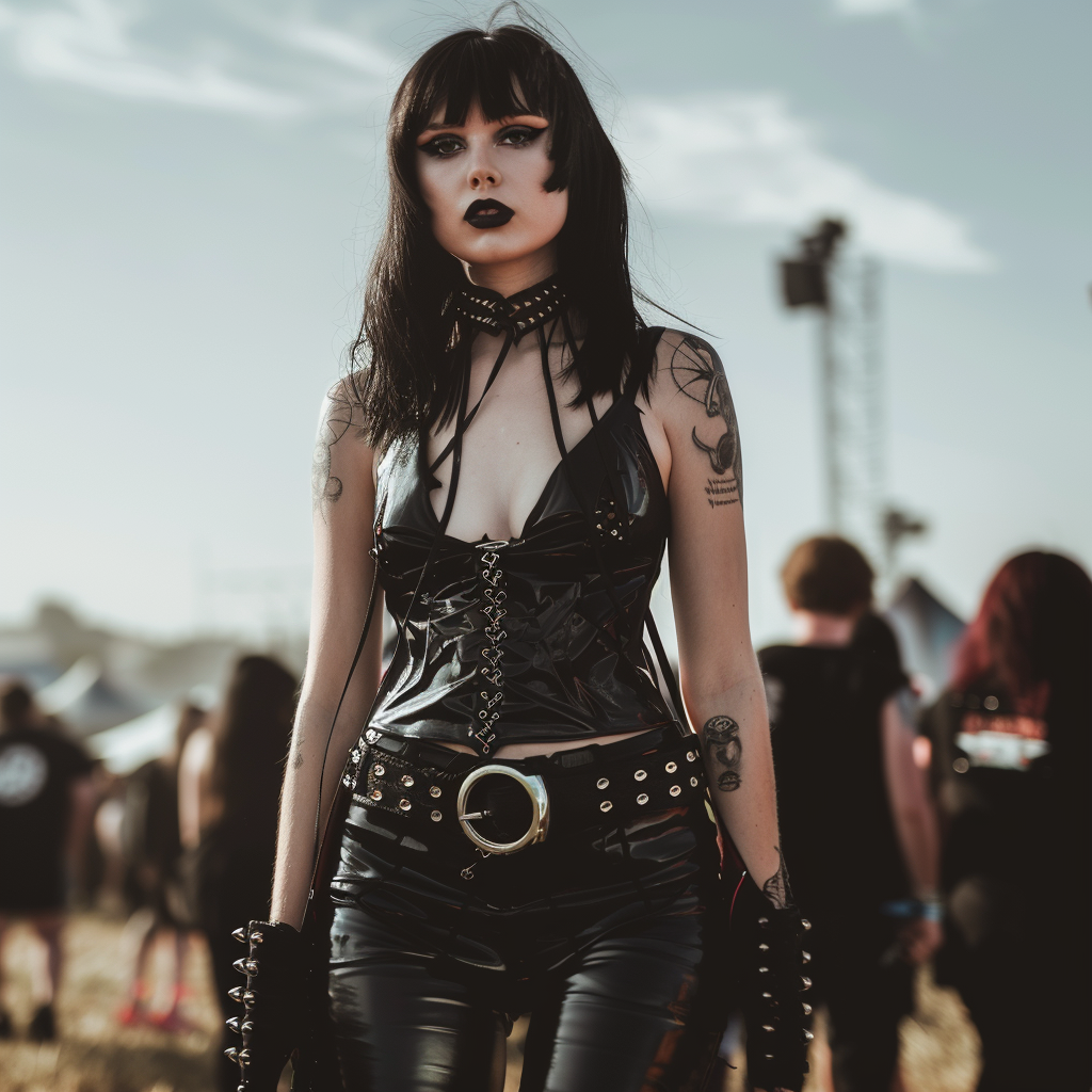 Gothic woman at Hellfest in a revealing black corset and trousers, with the event's ambiance and attendees around.