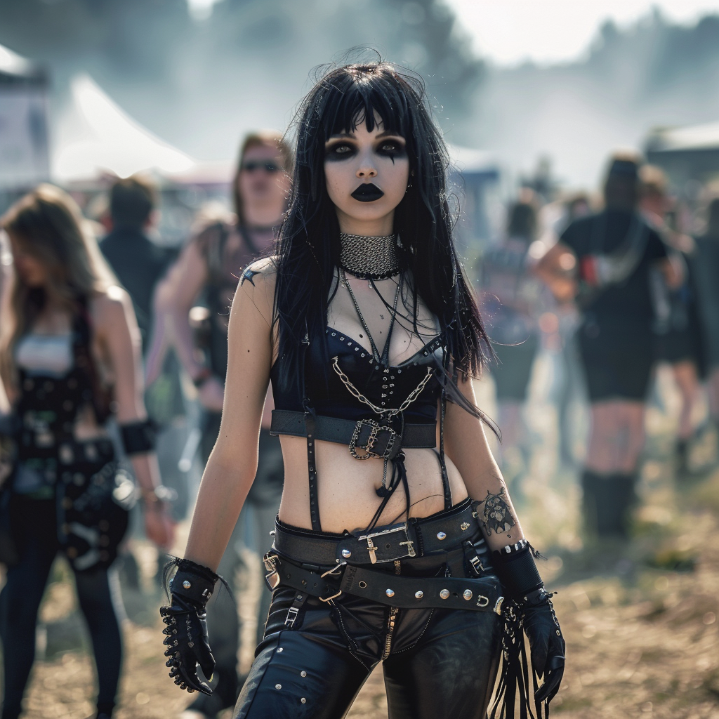 Gothic lady in a harness and black leather at Hellfest 2010, with a festival atmosphere and attendees behind her.