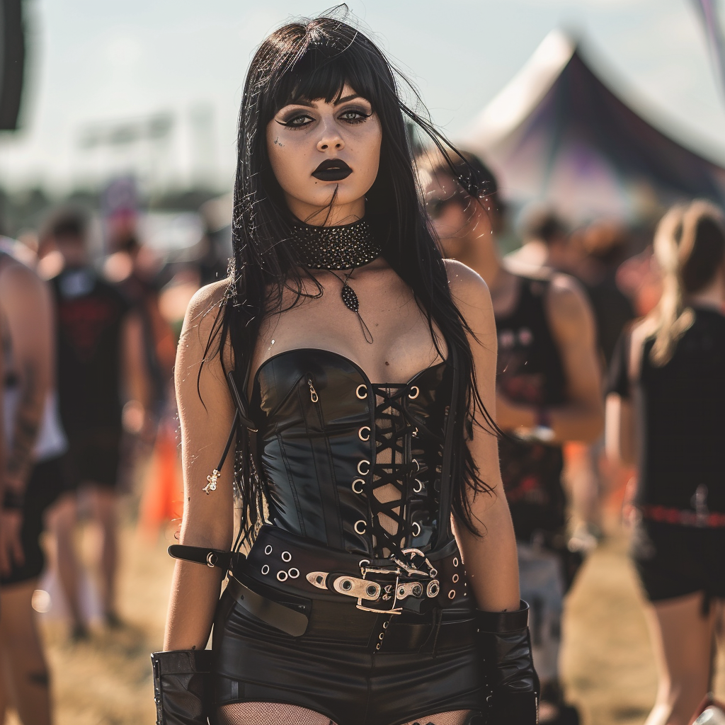 A full-body shot of a gothic woman at Hellfest 2014, styled in a corset, mesh, and leather, standing confidently with a festival crowd in the background.