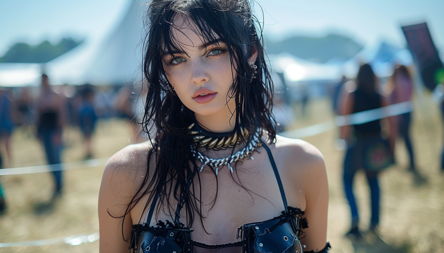 Close-up of a gothic woman at Hellfest, wearing a black corset with chains and a striking choker necklace, against a blurred festival background.