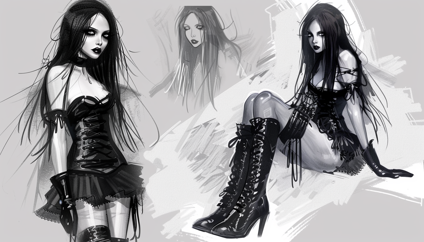 Festival History: An artistic grayscale sketch of a gothic character, possibly visualizing a fan or performer's attire for Graspop Metal Meeting, featuring a corset, dramatic makeup, and flowing hair.