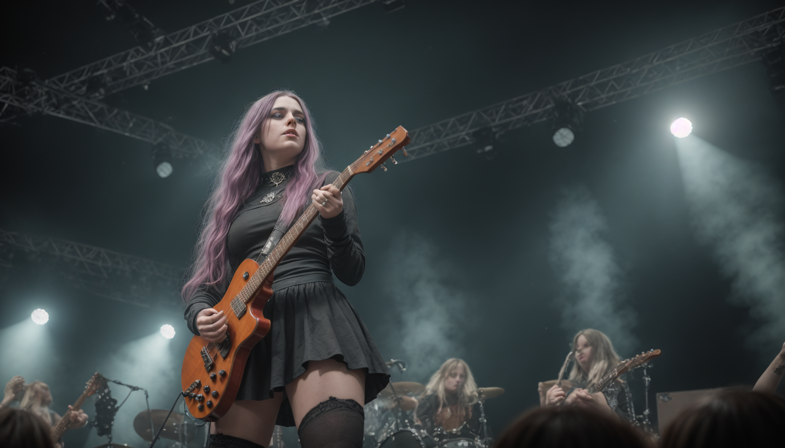 A gothic bass guitarist with purple hair performs on stage at Graspop Metal Meeting 2003, her intense focus and dark attire in sharp contrast to the foggy, illuminated stage setting.