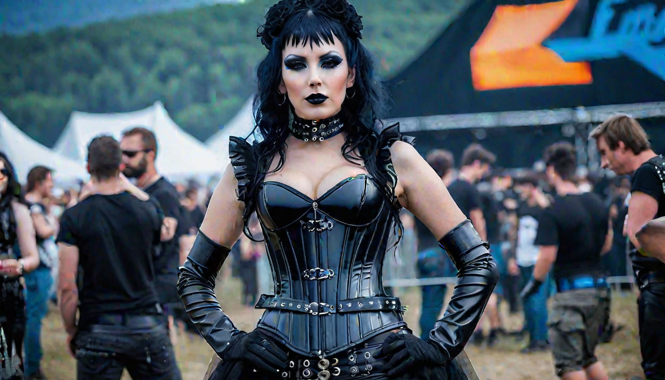 A commanding presence at Hellfest, a gothic woman in a sophisticated corset and layers of black attire, stands out among the festival crowd.