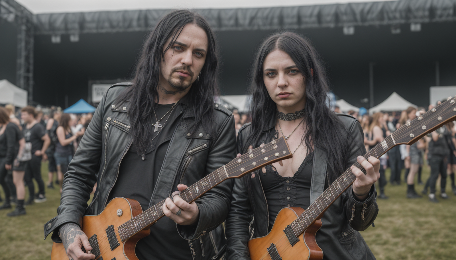 Two gothic individuals, one with long dark hair and another with black eye makeup, hold their guitars at Graspop Metal Meeting, ready to rock among a crowd of festival attendees.