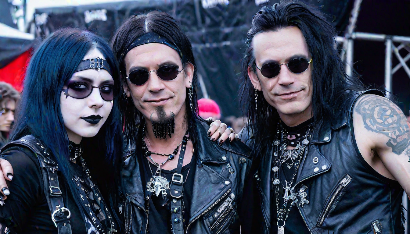 A trio of goth friends at Hellfest, adorned with black leather, silver jewelry, and iconic gothic makeup, sharing a moment of camaraderie.
