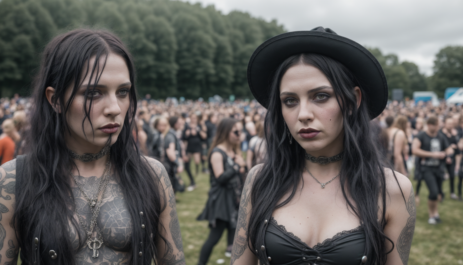 Twin gothic figures stand amidst a crowd at Graspop Metal Meeting 2004, their matching black outfits and tattoos on display, epitomizing the festival's heavy metal culture.