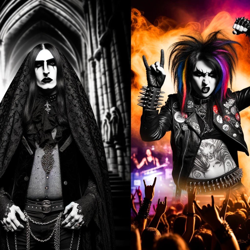 The image juxtaposes a solemn goth figure against a fiery metal artist, both embodying the intense spirit of Dynamo Metal Fest, contrasting the genres' dark beauty and wild energy.
