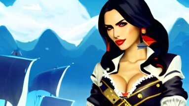 Whispers of the Gothic Sea: Concept art of a warrior woman with red hair in a gothic battle setting, brandishing a war axe with a dark castle silhouette behind.