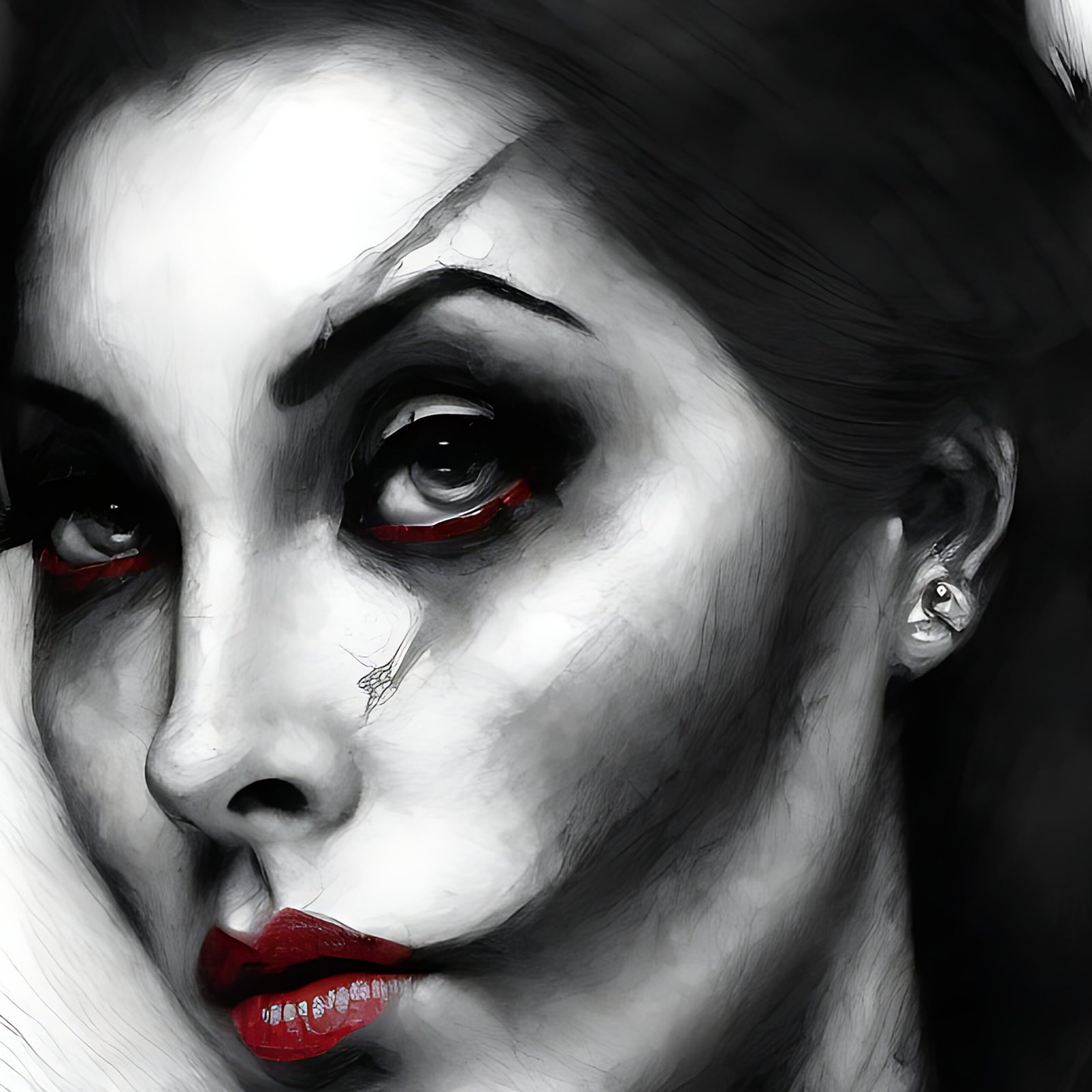 Side-profile of a monochrome woman's face with red accents on her eyes and lips, expressing a thoughtful demeanor.