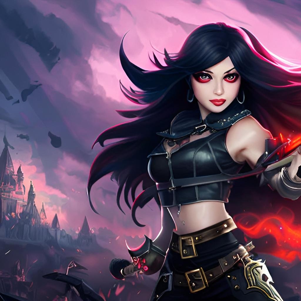 Imaginative illustration of a female assassin in dark leather armor with blue hair and dual daggers, amidst a cloudy backdrop.