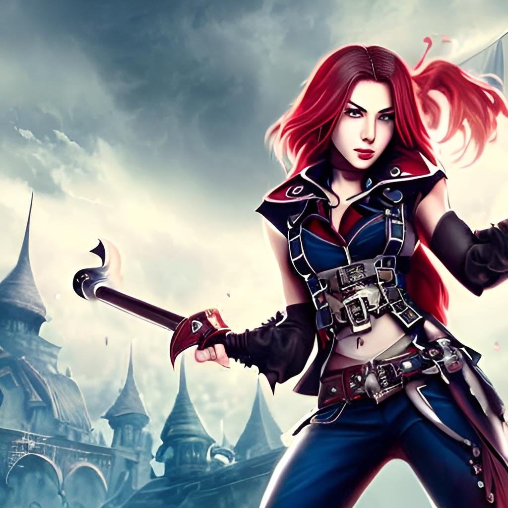 Art depiction of a blue-haired enchantress in black armor with gothic tattoos, against a backdrop of a mysterious spired castle.