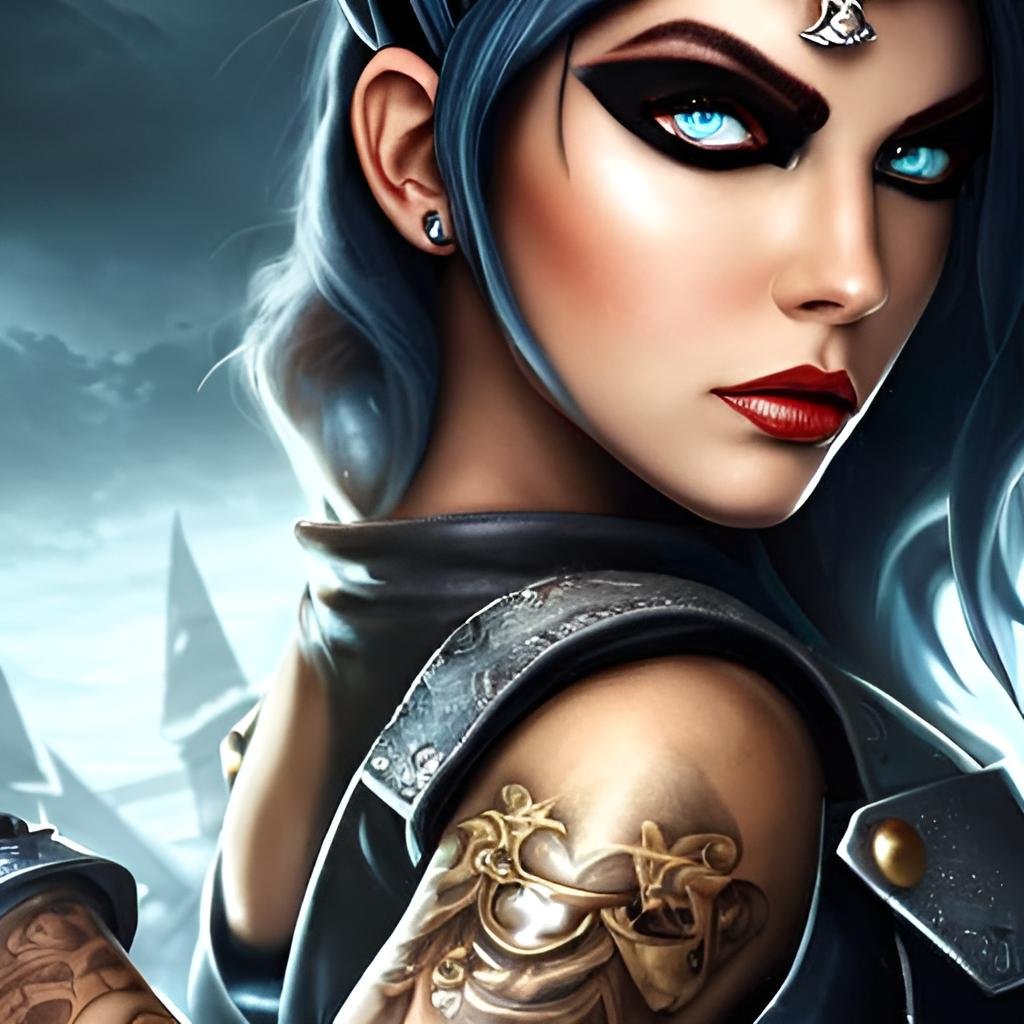 Stylized image of a gothic warrior with blue hair and fierce makeup, adorned with silver armor and tattooed arms, poised for battle.