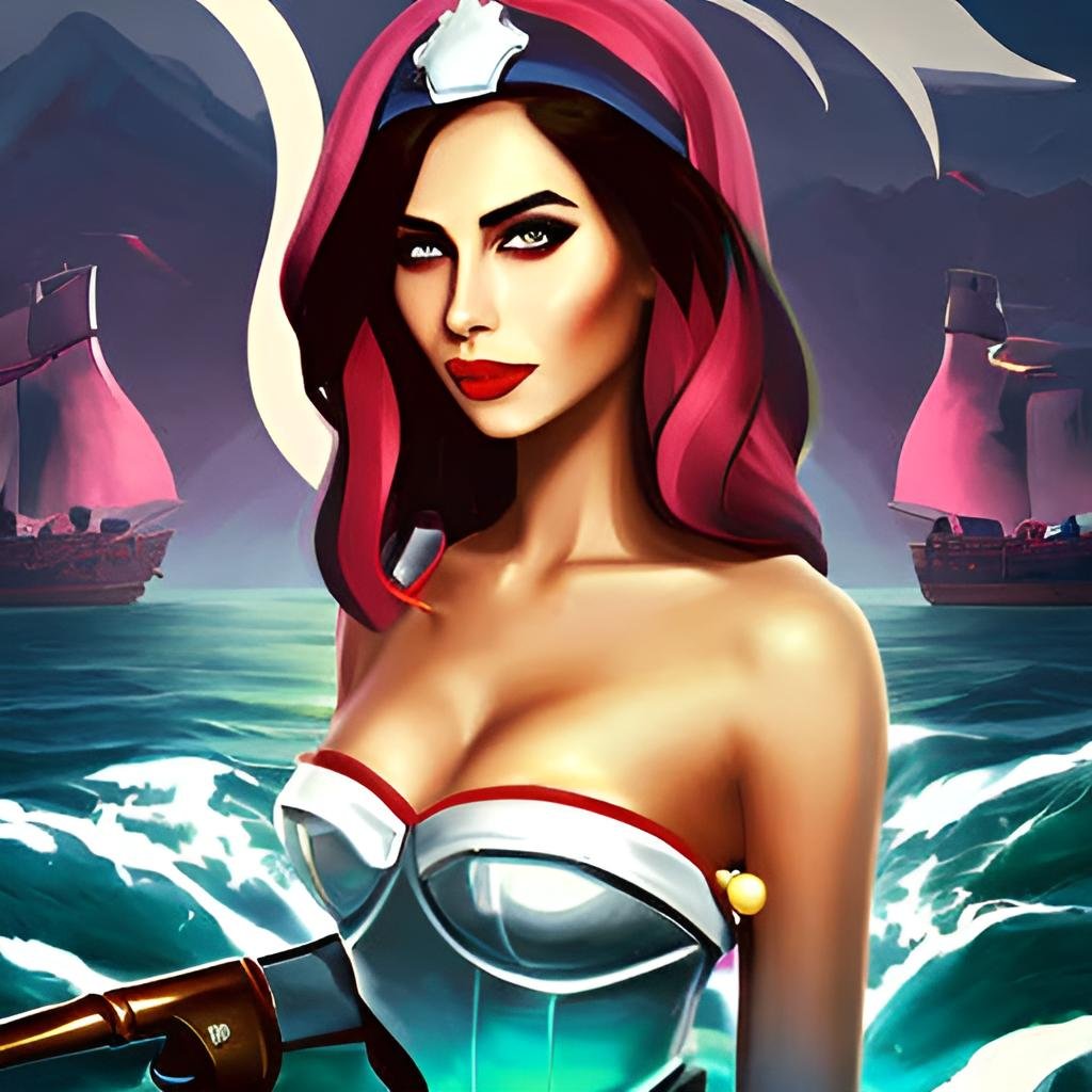 Illustration of a siren with a pink captain's hat peering through a spyglass, with a crimson-sailed ship in the background.