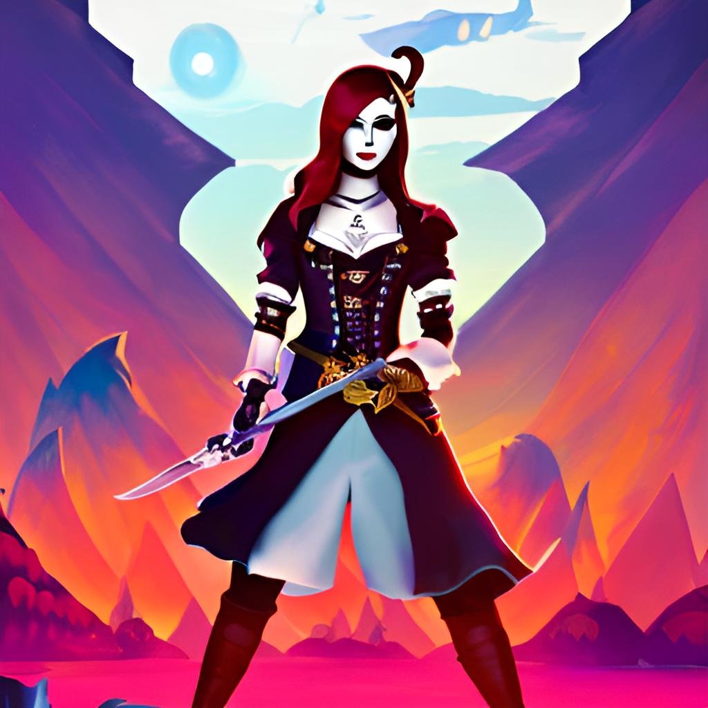 Digital artwork of a gothic sorceress in a volcanic landscape wielding a sword with a mysterious castle in the distance.