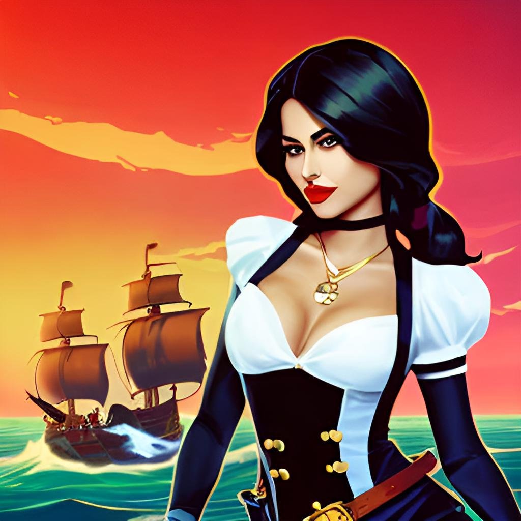 Artistic rendering of a siren pirate queen against a sunset ocean backdrop, with tall ships on the horizon.