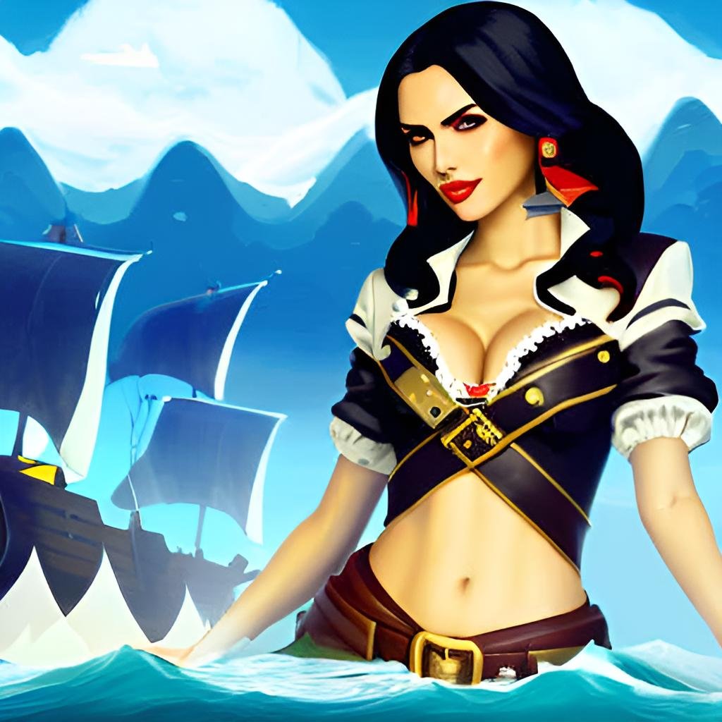 Computer-generated image of a pirate queen in a wintry seascape, with snow-capped mountains and ships sailing in the background.