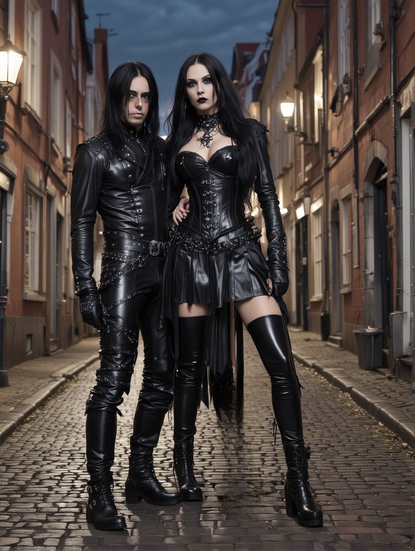 On an old town road under evening light, a gothic pair poses confidently, the man in studded black attire and the woman in a corseted dress with elaborate necklaces, both in knee-high boots.
