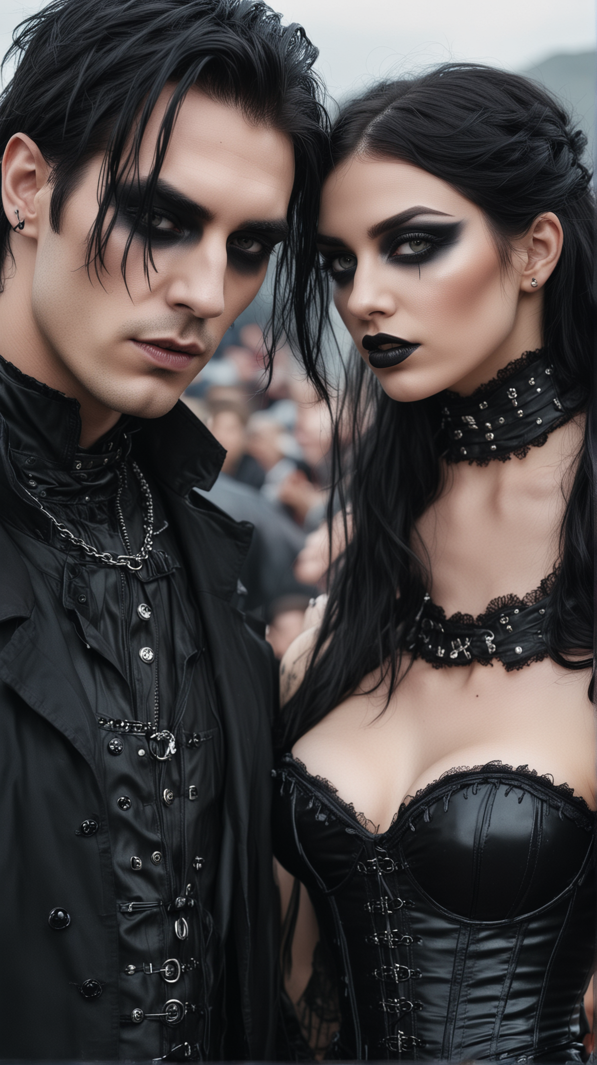 A striking couple at Graspop Metal Meeting, their gothic ensemble completed with chains and leather, the woman with elaborate makeup and the man with a brooding expression.