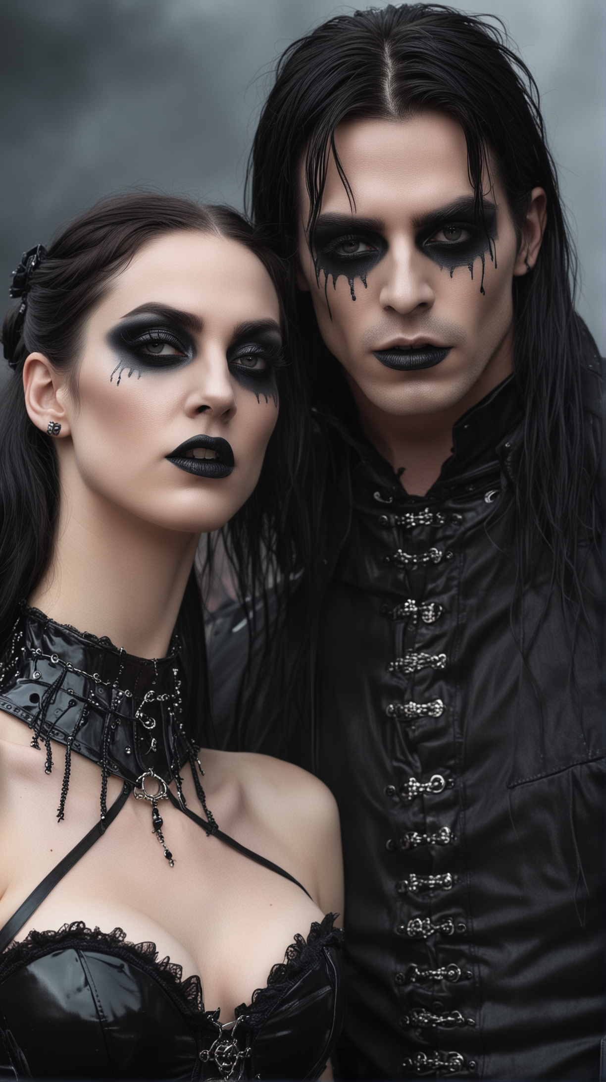 Bloodstock 2006: A gothic couple standing close together; the man wears a black leather jacket with silver detailing, and the woman dons a black bustier with lace and chains, both featuring dark, smudged eye makeup that appears to drip, adding to their dark allure.